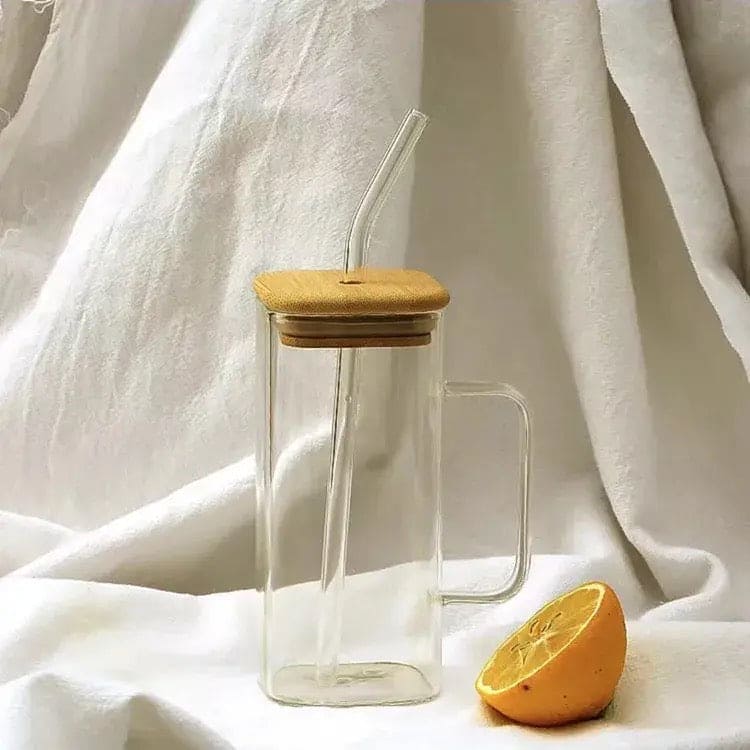 Square Coffee Mug With Wooden Top And Straw, 400ml Colored Handle Drinking Glass Cup, Transparent Drink Cup, Party Beverage Cup, Portable Glass Water Cup with Straw Lid, Household Borosilicate Straw Glass