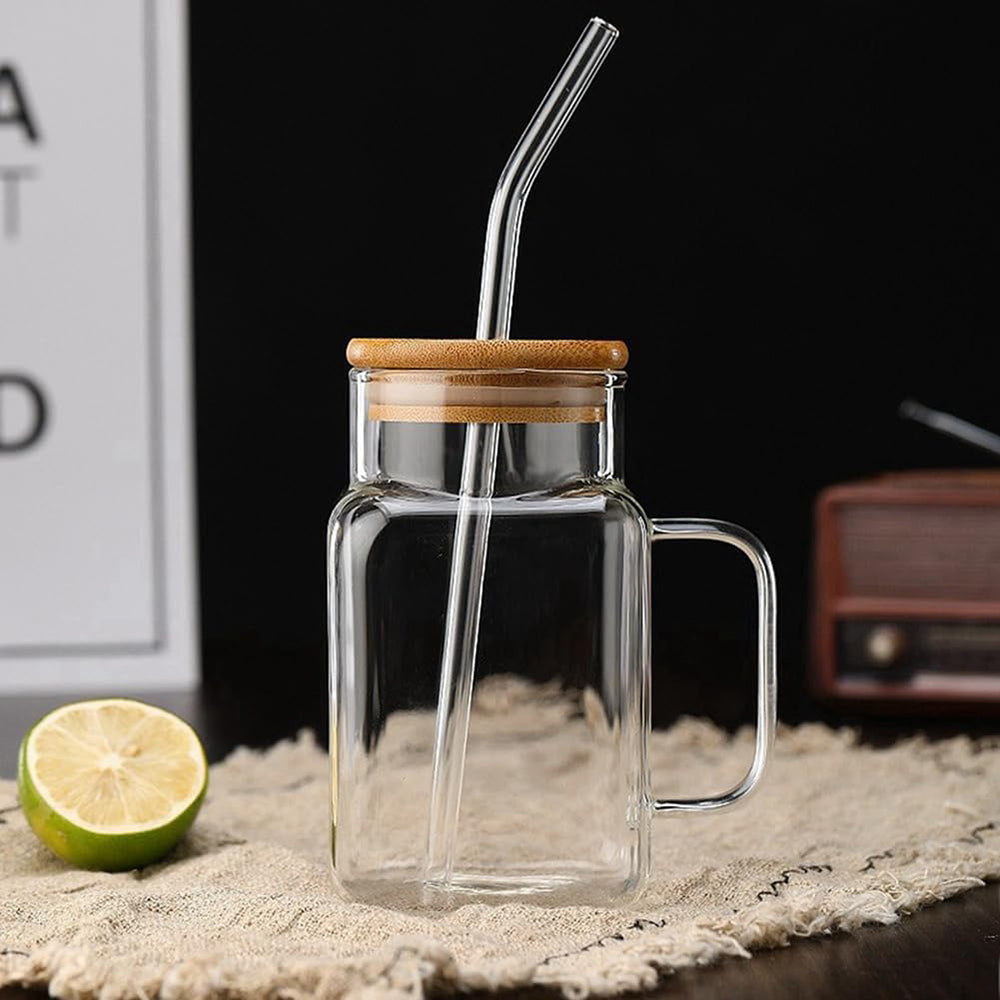 Square Glass Mug with Lid Straw - 550 ML