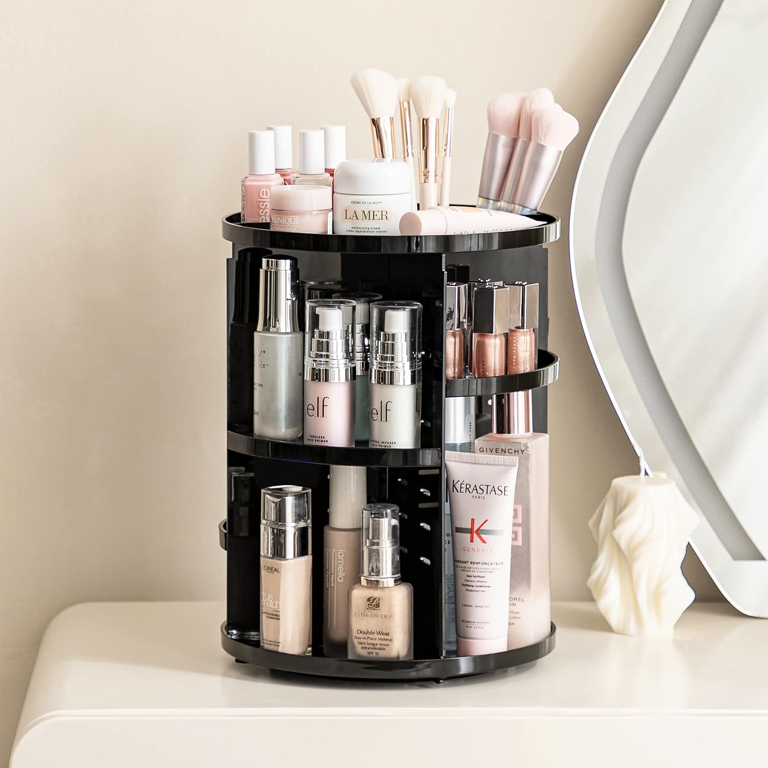 360 Rotating Makeup Organizer - Adjustable Shelf Height and Fully Rotatable