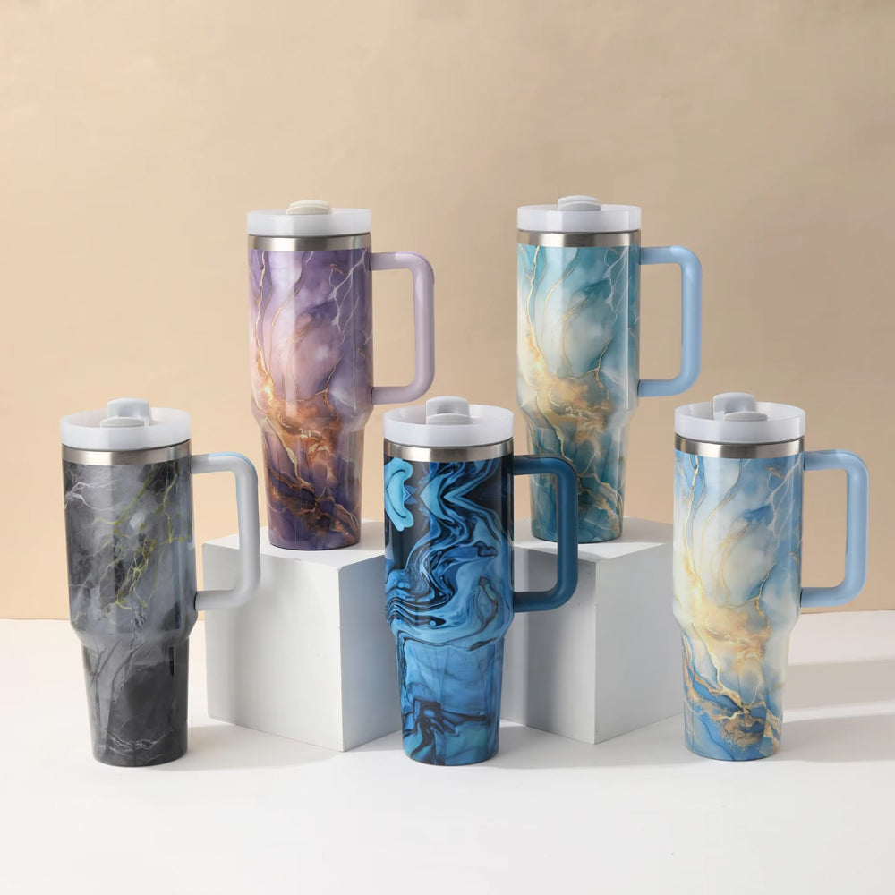 Marble Texture Stanley Style Tumbler – 40oz (1.18L) Insulated Travel Mug with Straw & Lid