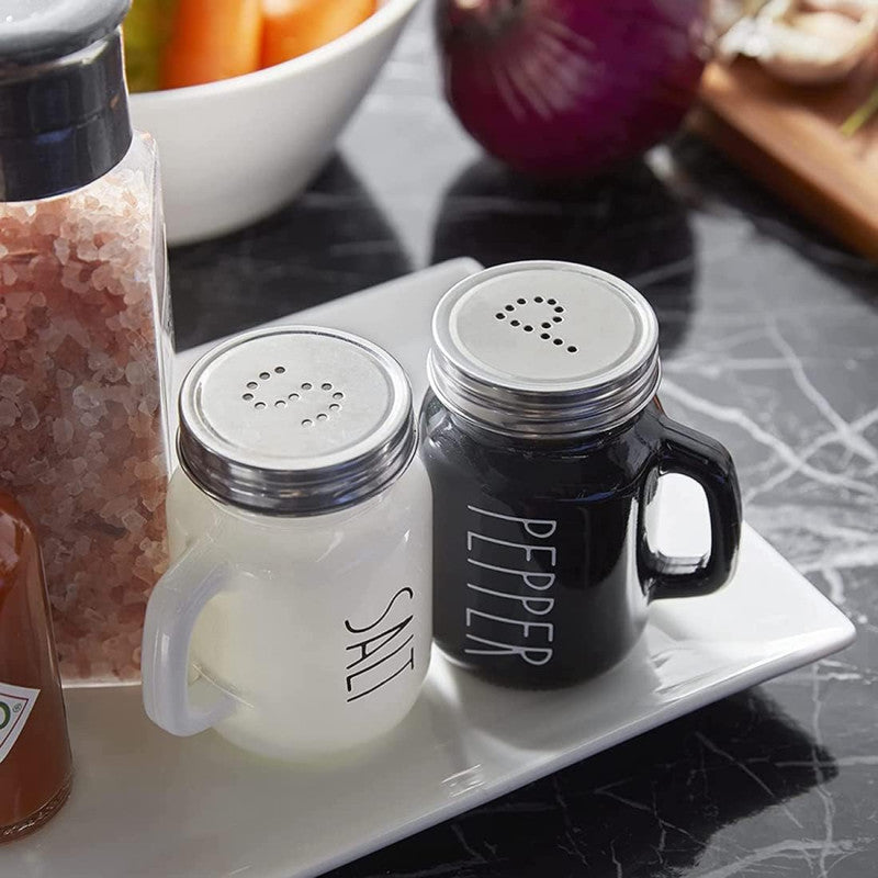 Salt and Pepper Shaker Set, Glass Black and White Shaker Set with Stainless Steel Lid