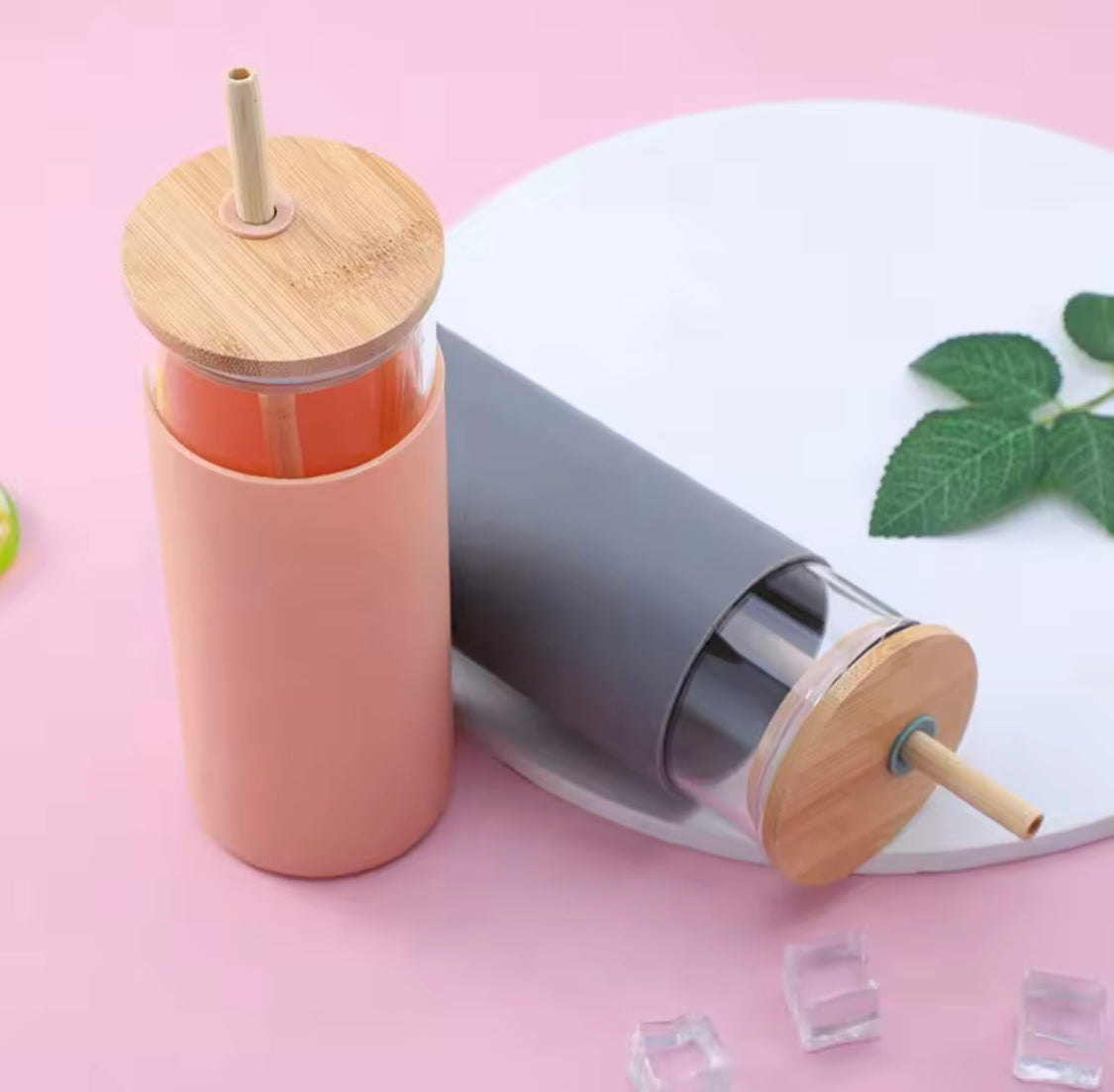 Tumbler Glass Water Bottle, Silicone Bamboo Glass Cup with Straw, High Borosilicate Glass Water Bottle