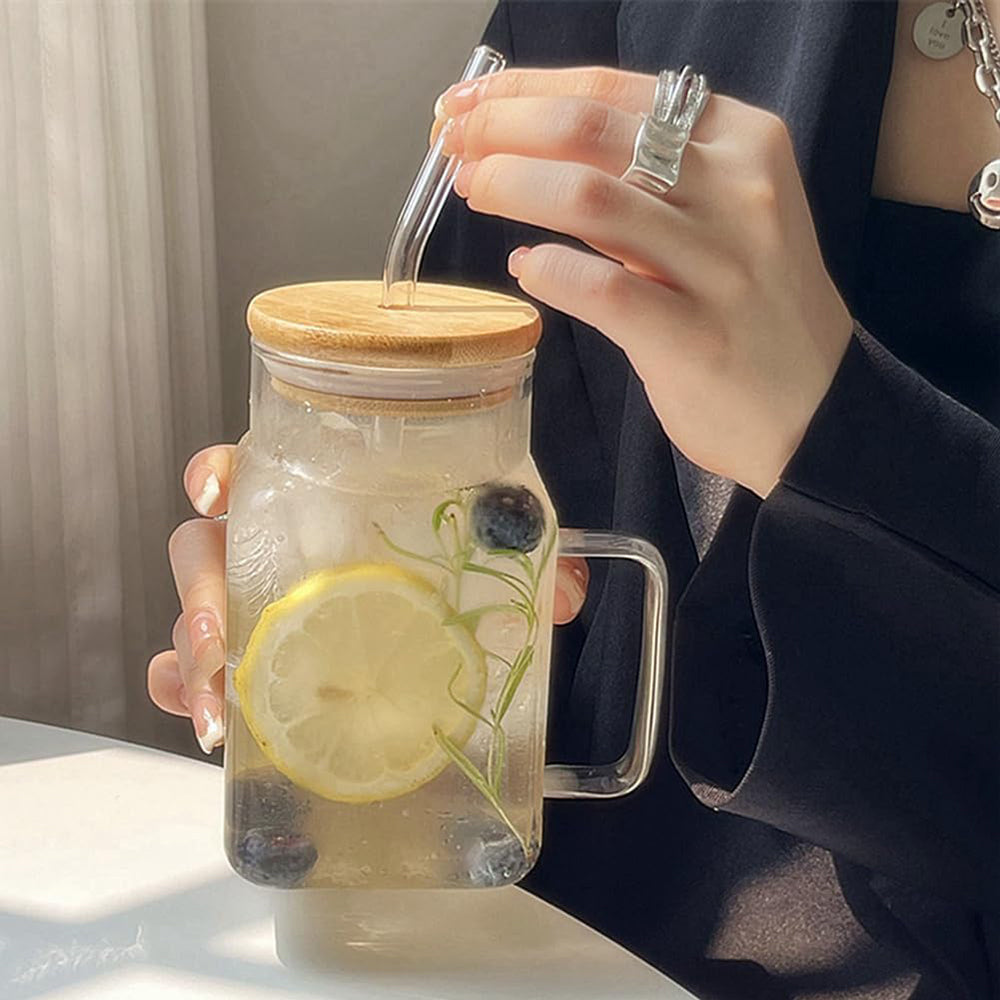 Square Glass Mug with Lid Straw - 550 ML