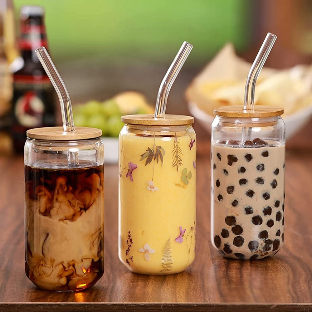 Bubble Tea Glass Cup 500ml with Bamboo Lid and Straw | Multipurpose Tumbler for Coffee, Juice, and Beverages
