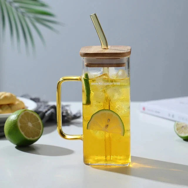 Square Coffee Mug With Wooden Top And Straw, 400ml Colored Handle Drinking Glass Cup, Transparent Drink Cup, Party Beverage Cup, Portable Glass Water Cup with Straw Lid, Household Borosilicate Straw Glass