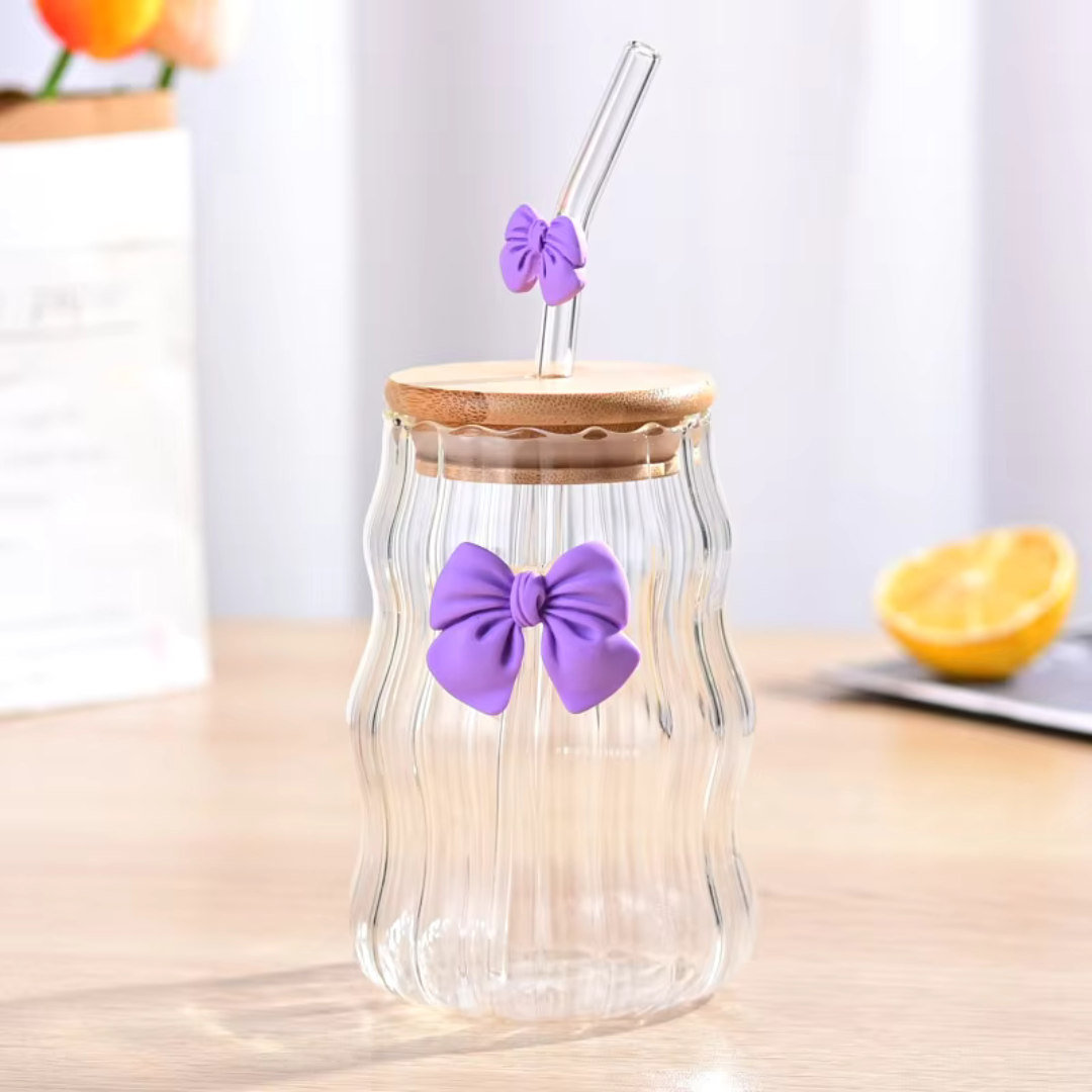 Ribbed Glass Tumbler with Bow | Wooden Lid & Straw – Cute Reusable Cup for Home & Gifts