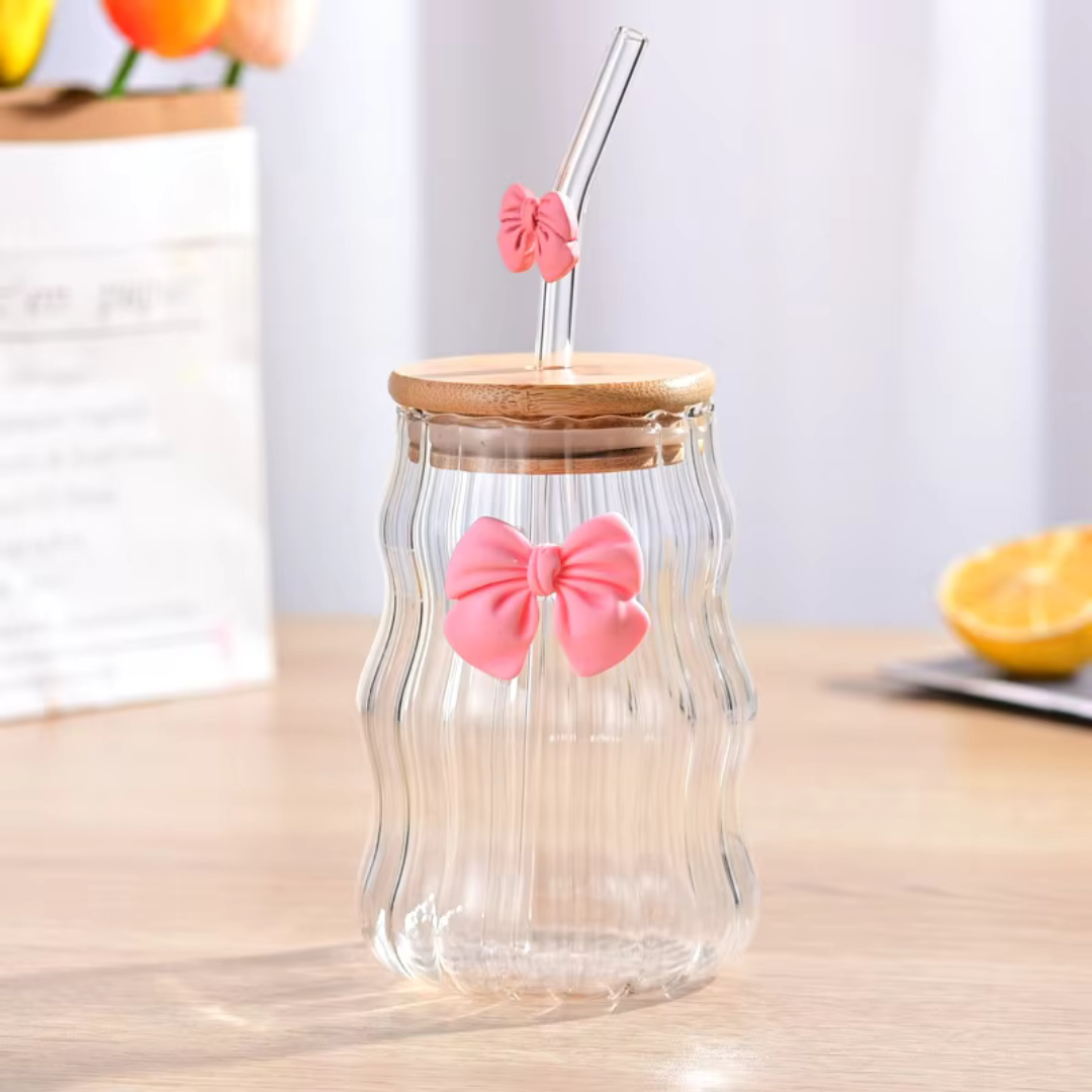 Ribbed Glass Tumbler with Bow | Wooden Lid & Straw – Cute Reusable Cup for Home & Gifts