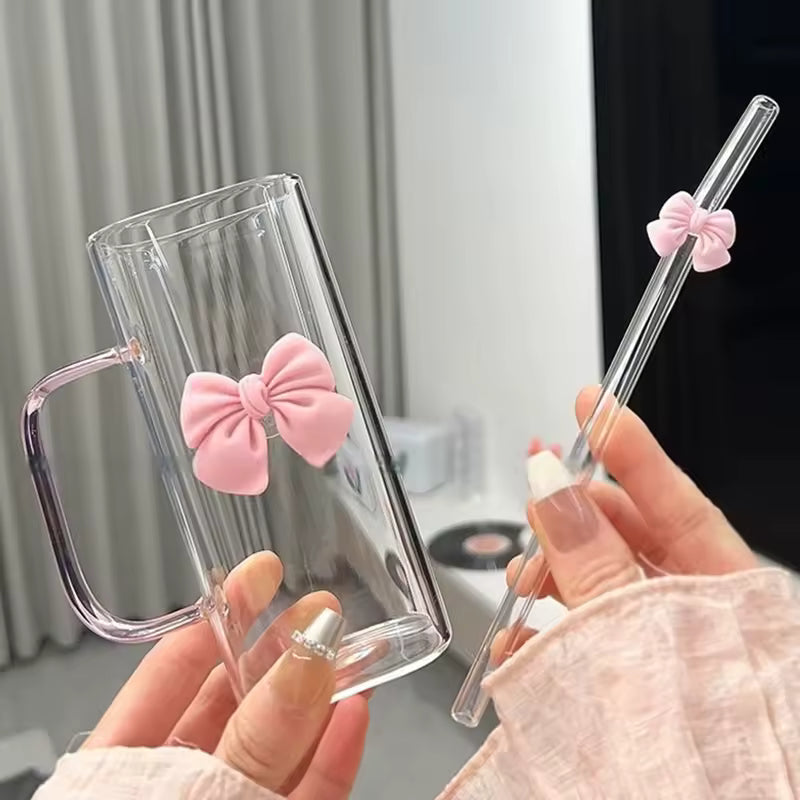 Cute Doodle Bow Glass Cup – Coffee, Tea & Juice Mug