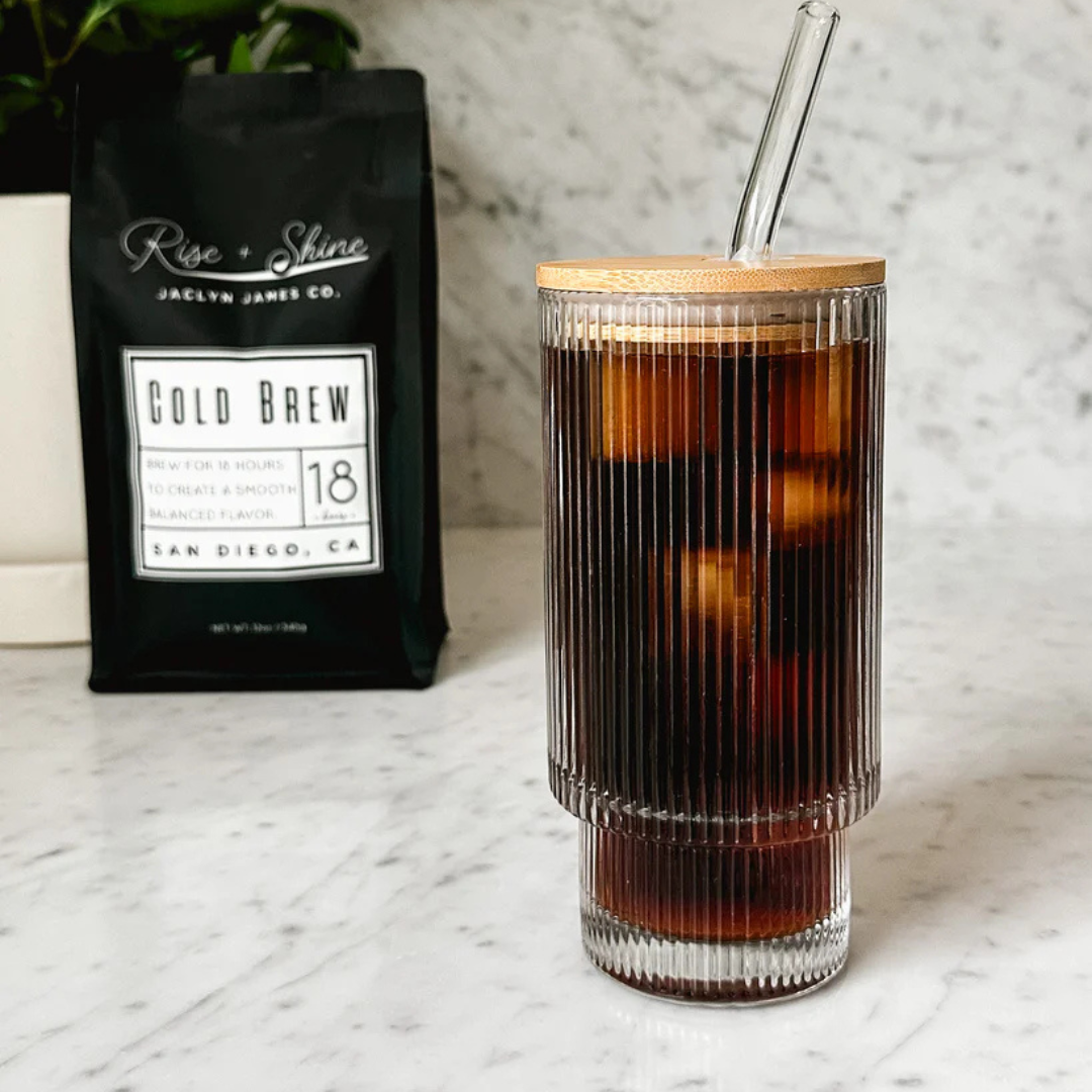 Ribbed Drinking Glasses with Bamboo Lid and Straw
